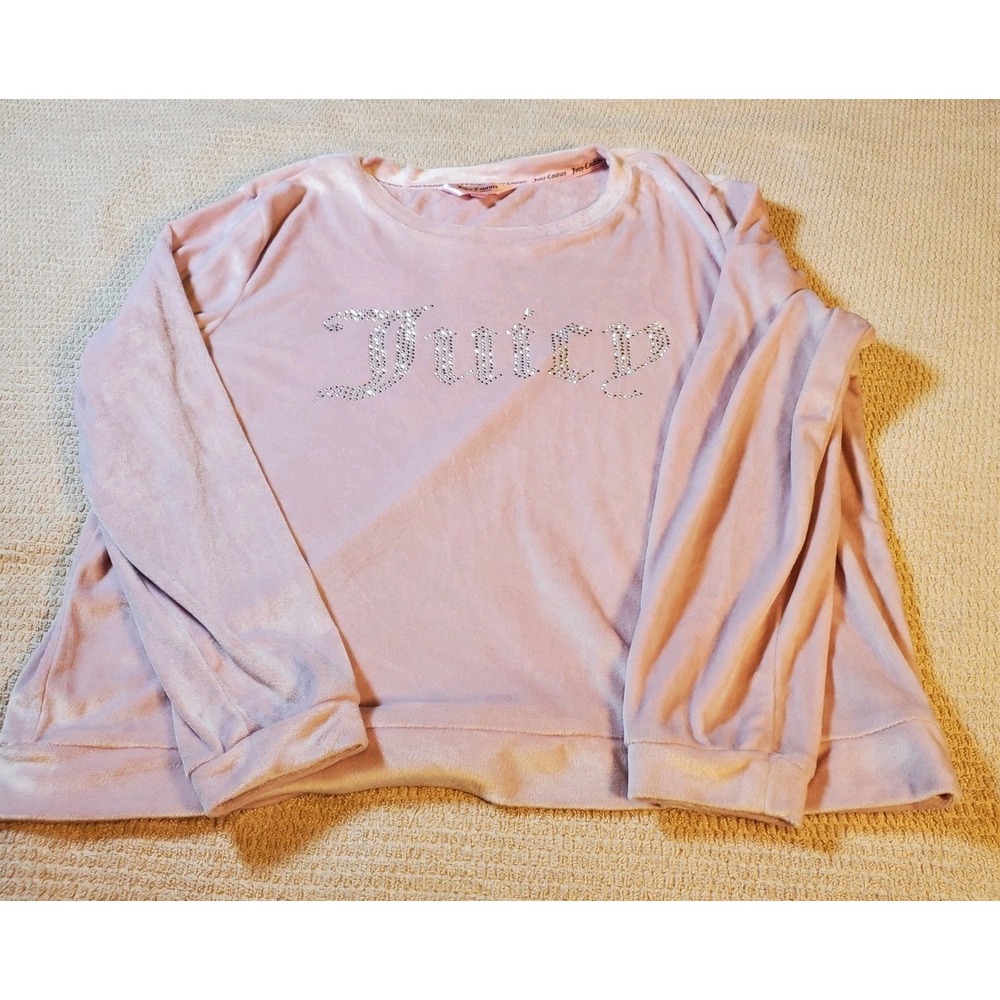 Juicy Couture Women's Large Pink Plush Velour Rhinestone Logo Top Crew Neck Soft